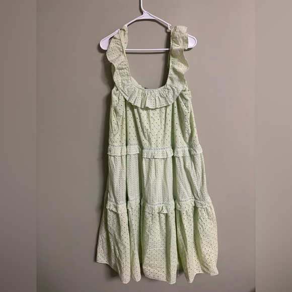 Zara Cotton Eyelet Mint Green Tiered Midi Dress Ruffles Tie Neck New Size Medium - Picture 3 of 8
